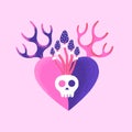 Dangerous heart. Creative Valentines Day card. Contemporary art. Mystical vector illustration in pink and purple colors