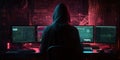 Dangerous Hooded Hacker Breaks into Data Servers. Their System with a Virus. His Hideout Place has Dark Atmosphere, Multiple