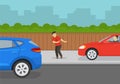 Car moves on the sidewalk to avoid a traffic jam. Pedestrian about to be hit by car. Royalty Free Stock Photo