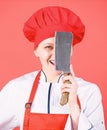 Dangerous lady. Best knives to buy. Stainless steel. Be careful while cut. Woman chef hold sharp knife. Chop food like Royalty Free Stock Photo