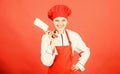 Dangerous lady. Stainless steel. Be careful while cut. Woman chef hold sharp knife. Chop food like pro. Knife skills Royalty Free Stock Photo