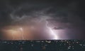 Dangerous lightning storm of hurricane hits city in evening