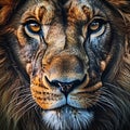 Dangerous lion male closeup, created with generative AI