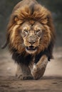 Dangerous lion male moving toward camera, created with generative AI