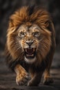 Dangerous lion male moving toward camera, created with generative AI