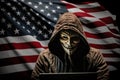 Dangerous Masked Hacker performing cyberattack American flag as background.