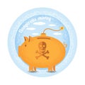 Dangerous money.Three piggy bank stand like a bomb.Vintage retro style shadow income icon on blue night circle background