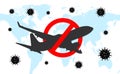 Dangerous novel coronavirus COVID-19. Stop airplane flying. Pandemic medical health risk. Vector illustration