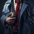 Dangerous reptile in mans hand. Human without face wearing blue coat and red tie. Bad surprise, caution Royalty Free Stock Photo