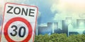 From dangerous road for cars to safe road for people - concept with zone 30 road sign Royalty Free Stock Photo