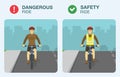 Dangerous and safety bicycle ride on road. Cyclist wears safety vest or jacket.