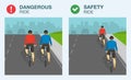 Dangerous and safety bicycle ride on road. Single file and two abreast riding. Royalty Free Stock Photo