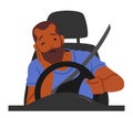 Dangerous Scenario Of A Man Character Sleeping Behind The Wheel While Driving, Posing A Severe Risk Of Accident