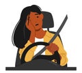 Dangerous Scenario, Woman Asleep While Driving, Risking Lives. Recklessness, Exhaustion, Pose Severe Threat On Road