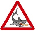 A dangerous shark eating a man`s leg in a danger sign