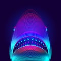 Dangerous shark head with opened mouth and jaws. 3D virtual hologram of a big white or tiger shark silhouette in neon line art