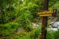 Dangerous sign over waterfall background