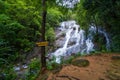 Dangerous sign over waterfall background