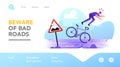 Dangerous Situation on Highway Landing Page Template. Bicyclist Male Character Stumble and Fall from Bicycle on Bad Road