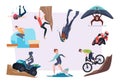 Dangerous sport. Outdoor risky extreme activity adventure persons skydiving biking climbers runners exact vector cartoon