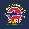Dangerous surf - vector logo badge for t-shirt and other print production. Shark vector illustration