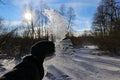 Dangerous thin ice. A woman broke into the ice in winter