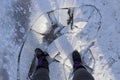 Dangerous thin ice. A woman broke into the ice in winter