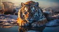 dangerous tiger laying on ice floor in antarctica generative AI