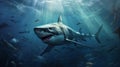 A dangerous toothy shark swims underwater hunting fish. Shark is a predator in the wild in the ocean. Front view of the Royalty Free Stock Photo