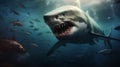 A dangerous toothy shark swims underwater hunting fish. Shark is a predator in the wild in the ocean. Front view of the Royalty Free Stock Photo