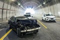 Dangerous traffic accident inside a tunnel Royalty Free Stock Photo