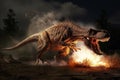 Dangerous tyrannosaurus rex on burning ground. Generate ai