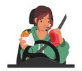 Dangerous Unsafe Behavior Of Woman Character Eating While Driving, Jeopardizing Her Safety And That Of Others On Road Royalty Free Stock Photo