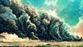 dangerous upcoming sandstorm illustration, desert abstract scene, climate changing result, ai generated image