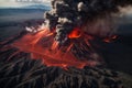 Dangerous volcano fire and lava eruption that leads to emergency and rescue operations