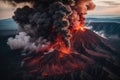 Dangerous volcano fire and lava eruption that leads to emergency and rescue operations