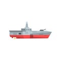 Dangerous war boat with cannon and radar. Military ship icon. Missile cruiser in flat style. Colored vector design