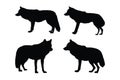 Dangerous wild animals like wolf, silhouettes on a white background. Wolf full body silhouette collection. Wild wolves standing in Royalty Free Stock Photo