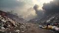 Dangerously looking landscape of a trash, dump and factory smoke in the background.