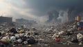 Dangerously looking landscape of a trash, dump and factory smoke in the background.