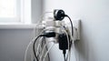 Dangerously Overloaded Wall Socket with Multiple Chargers and Cables Royalty Free Stock Photo