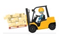 Dangers of driving a forklift. Industrial worker in an accident with boxes falling on the fork lift truck. Work accident in a Royalty Free Stock Photo