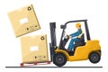 Dangers of driving a forklift. Industrial worker in an accident with boxes falling on the fork lift truck. Work accident in a