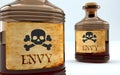 Dangers and harms of envy pictured as a poison bottle with word envy, symbolizes negative aspects and bad effects of unhealthy