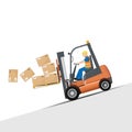 Dangers of working with a forklift. It is forbidden to drive down the slope on the slope in the forward direction
