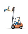 Dangers of working with a forklift truck. Lifting a person on a pallet is prohibited. Vector illustration