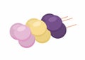 Dango dessert. Set or collection. Dango on stick. Violet, yellow colors.