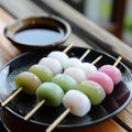 Dango is Japanese boiled flour. Made from rice flour mixed with Urushi rice flour and glutinous rice flour generated by AI. Royalty Free Stock Photo