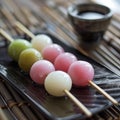 Dango is Japanese boiled flour. Made from rice flour mixed with Urushi rice flour and glutinous rice flour generated by AI. Royalty Free Stock Photo