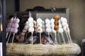 Dango or Japanese dumpling and sweet made from mochiko in Naritasan Omote Sando or Narita old town at Chiba in Tokyo, Japan